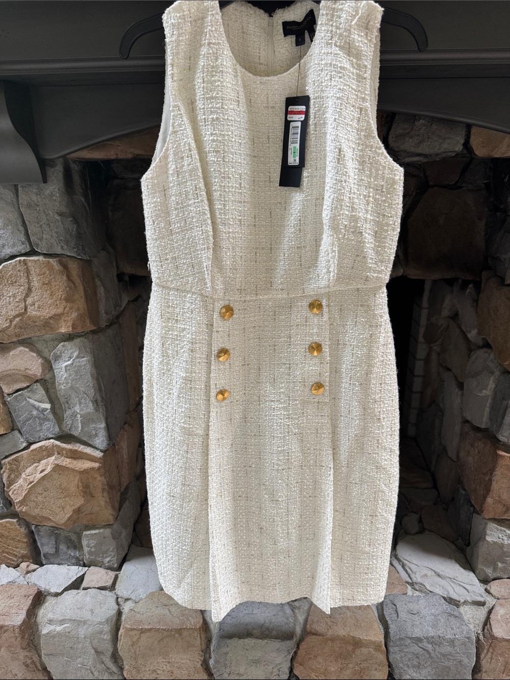 Donna Karan Ivory Tweed Sheath Dress with Gold Buttons